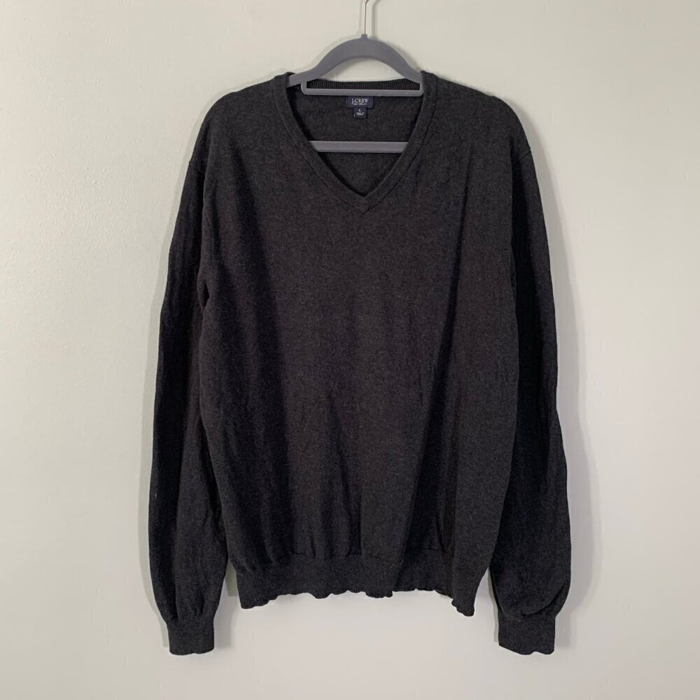 J.Crew Mens Charcoal Grey Cotton Cashmere Blend V-Neck Sweater‎ Size Large